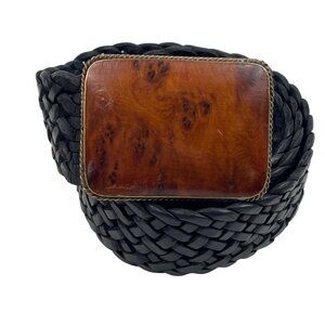 Vintage Black Braided Leather Belt With Wooden Buckle Mens Large Made In Morocco